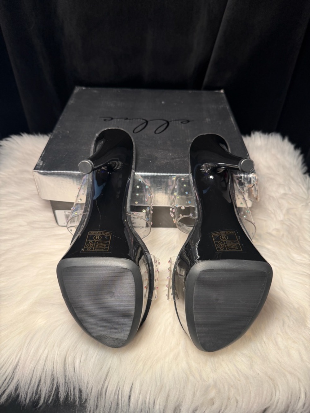 Ellie Black Platform Heels with Iridescent Crystal Straps - Picture 10 of 12